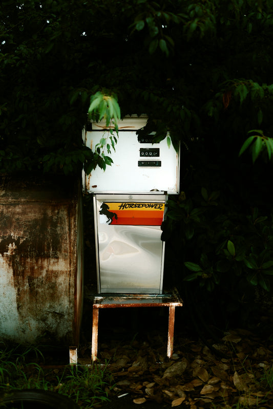 An old gas pump sits surrounded by lush greenery.